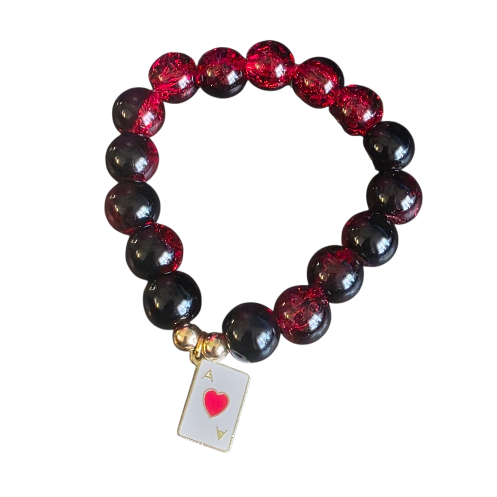 Ace of Hearts Card Charm Crackle Beaded Stretch Bracelet